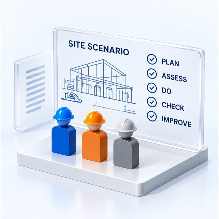 Symbolic contractor roles consider a site scenario and plan, assess, do, check and improve.