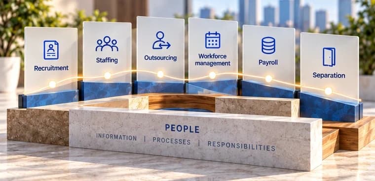 Six lifecycle plaques connect recruitment, staffing, outsourcing, workforce management, payroll and separation.