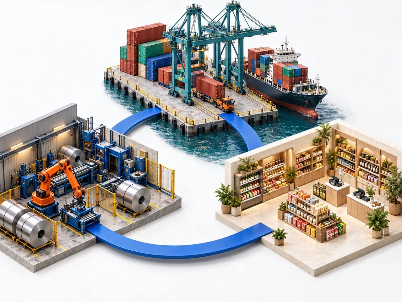 Illustrative manufacturing, port logistics and retail contexts connected by one cobalt pathway