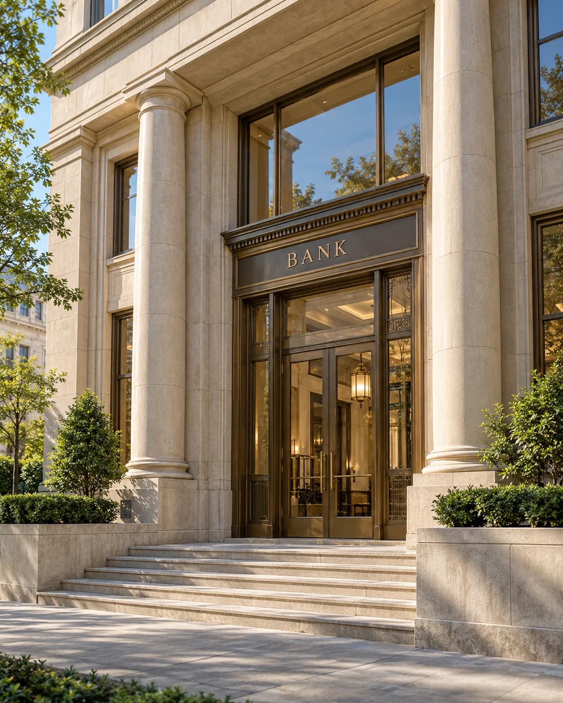 Illustrative limestone and bronze bank entrance representing a financial institution