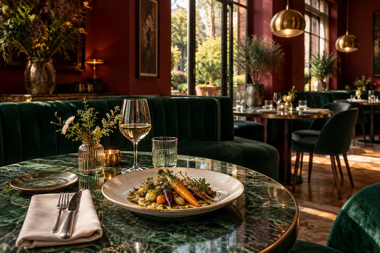 Warm amber restaurant interior with green banquettes and a set dining table