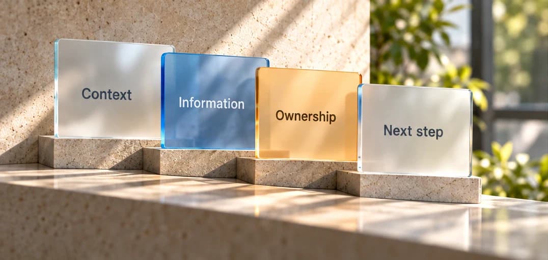 Four translucent panels connect context, information, ownership and the next step.