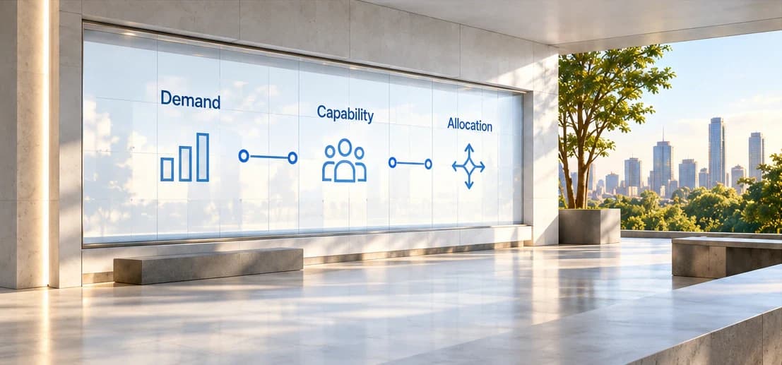 An illustrative office panel connects demand, capability and allocation.