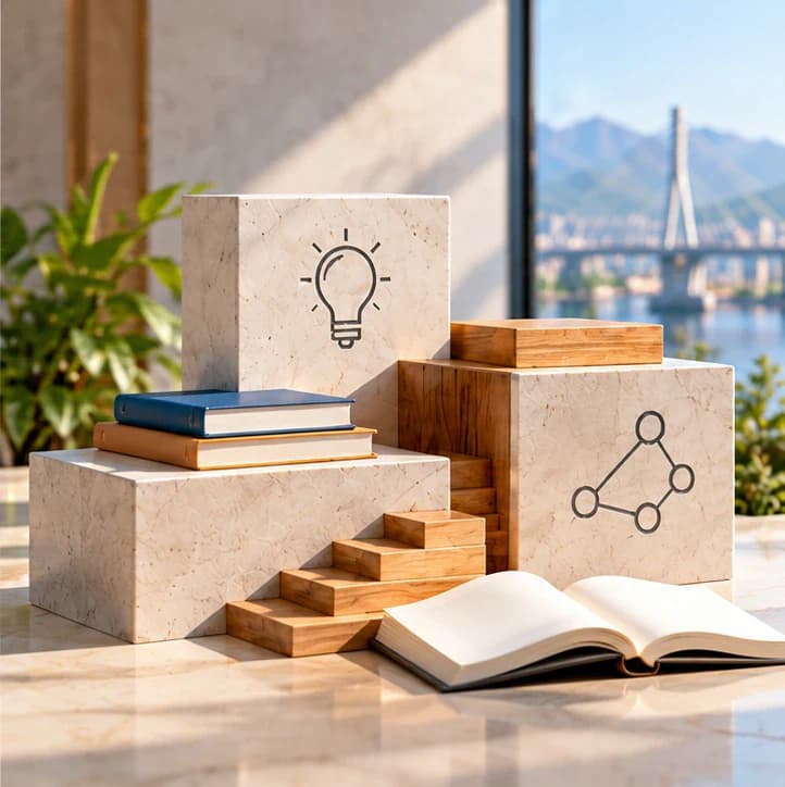 Books, notebook, wood steps and stone learning symbols in warm daylight.