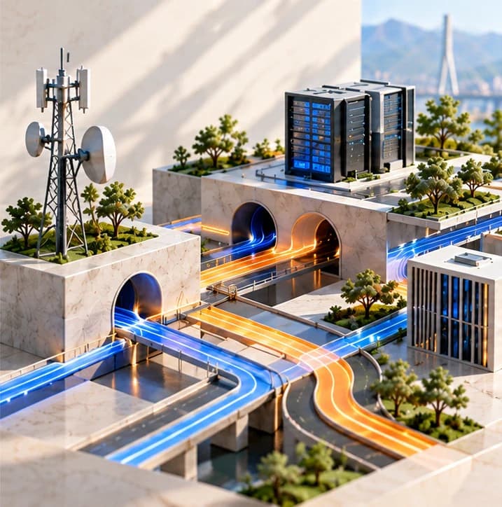 Contextual server racks and telecom tower with blue and orange information paths.