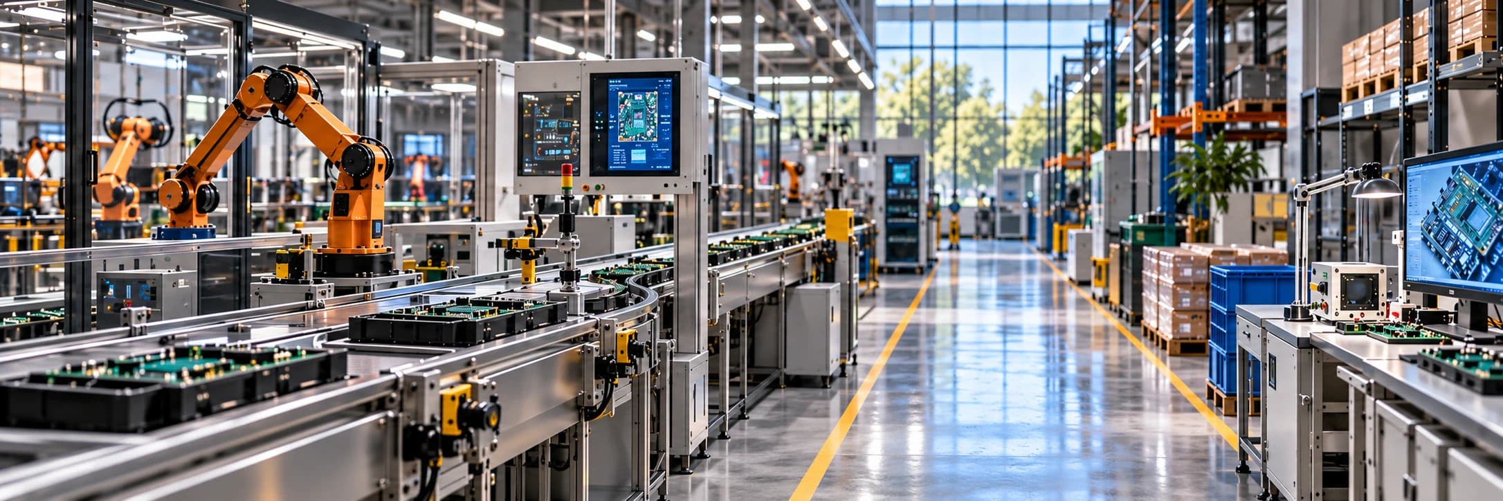 Illustrative electronics factory with production equipment, inspection and material supply