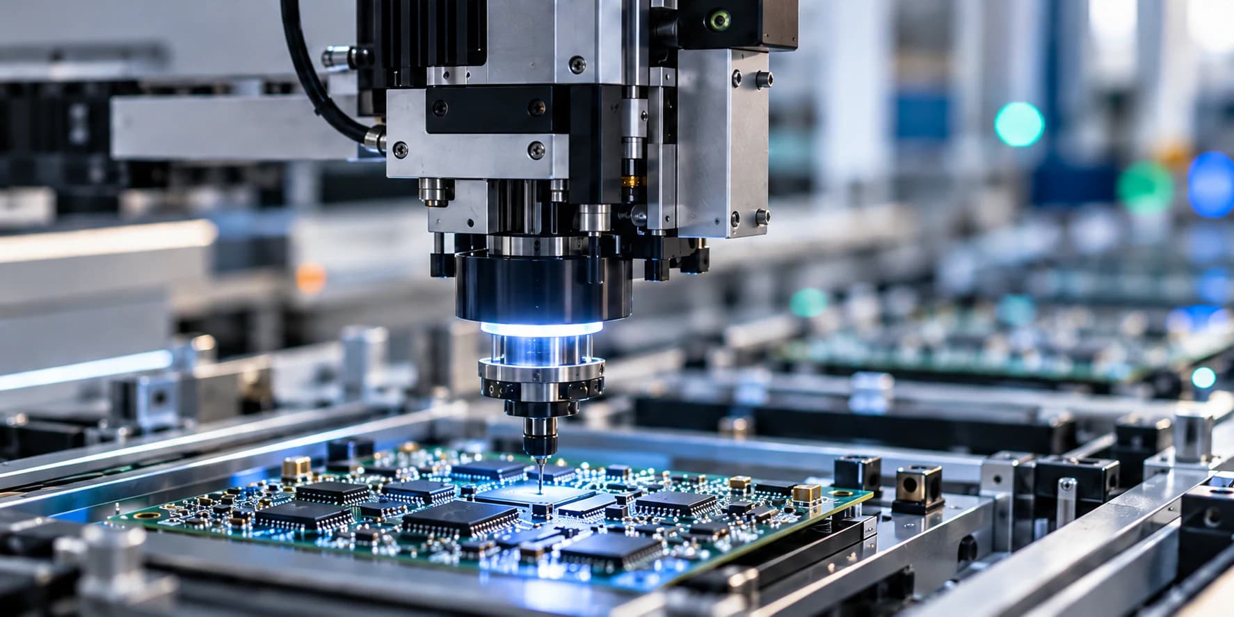 Optical inspection head over a circuit board on a precision electronics line