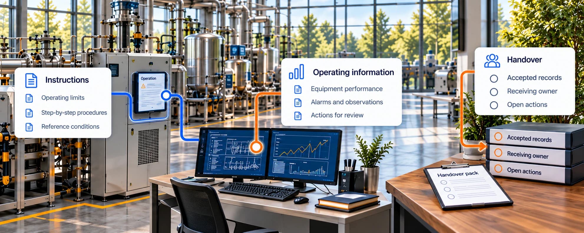 Instructions, operating information and handover connected to a factory operating environment