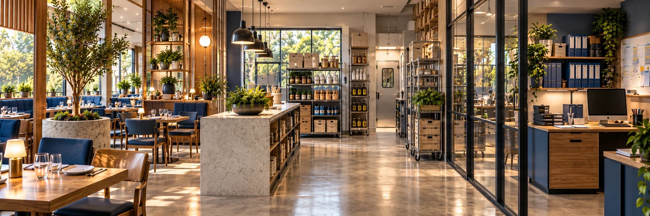 Empty restaurant, supply storage and administrative desk connected across a service location.
