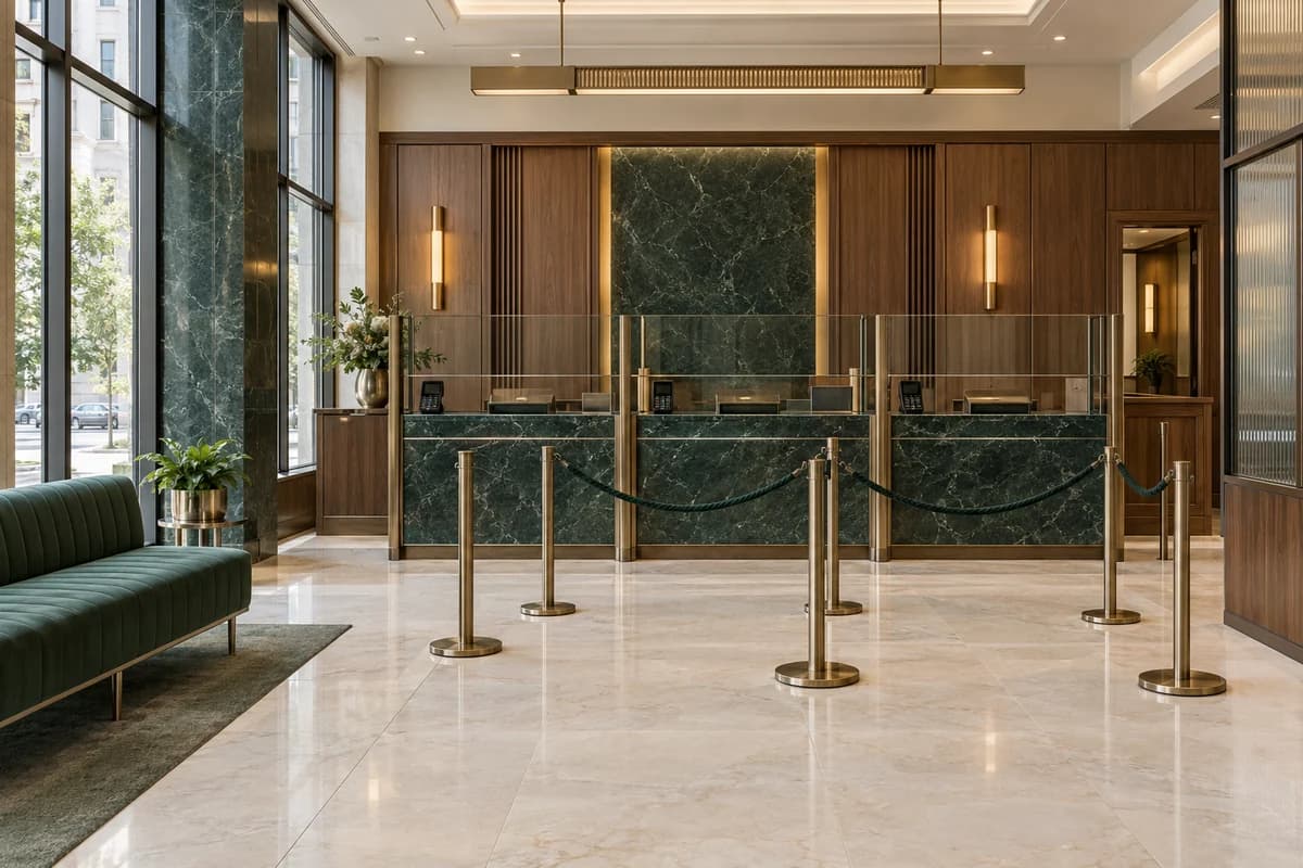 Empty bank service counters in green stone, walnut and bronze