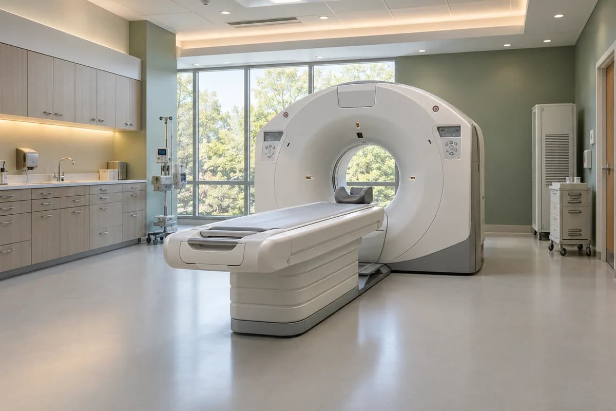 Diagnostic equipment in a bright, empty medical imaging suite