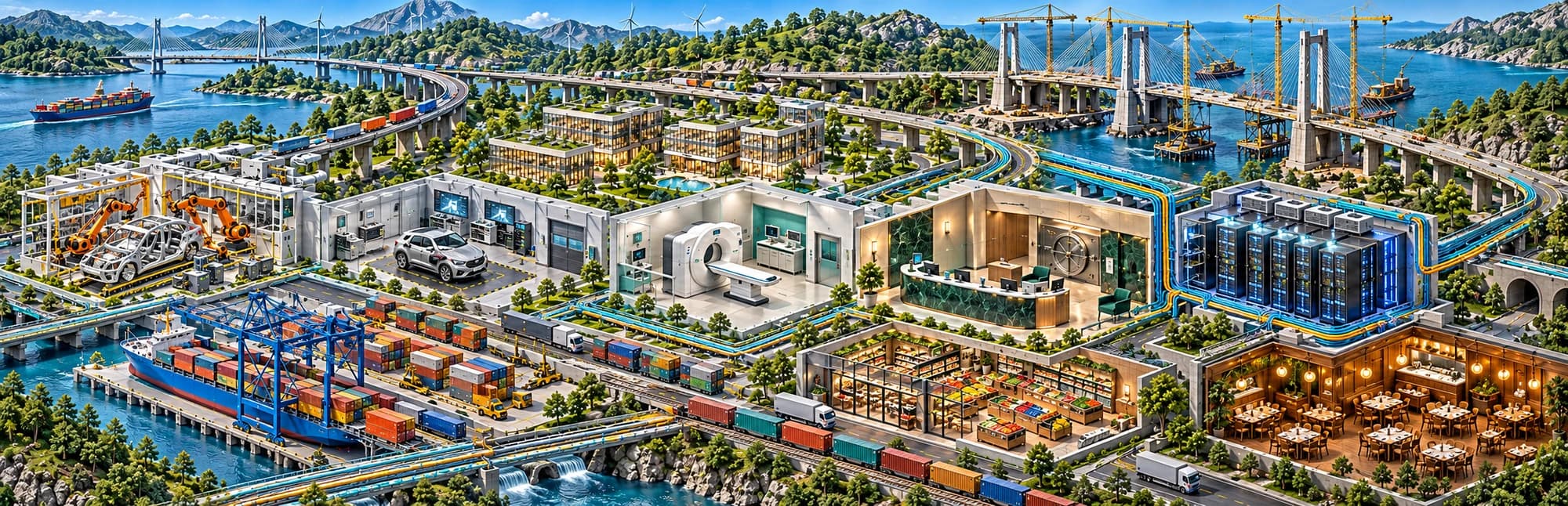 Illustrative artwork connecting ten industry environments through material, goods and information flows
