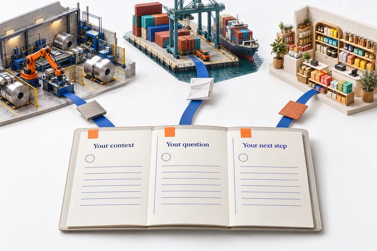 Illustrative industry evidence paths connecting production, logistics and commerce to a briefing folio: Your context, Your question, Your next step