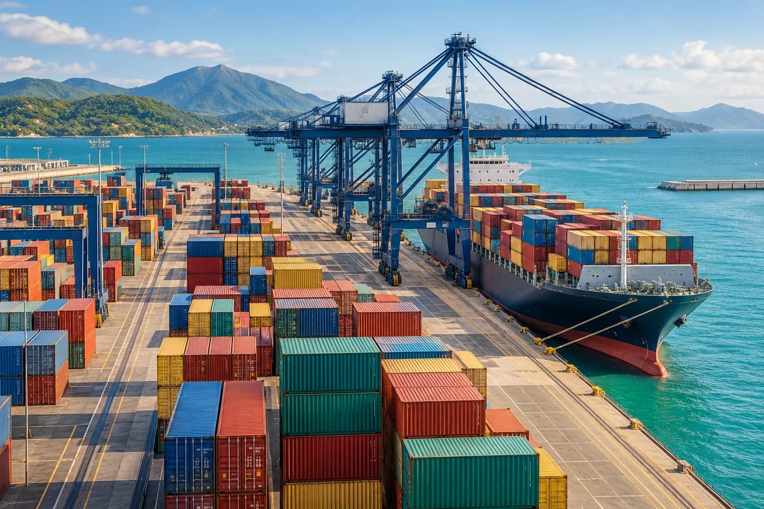 Colorful freight containers and cranes beside a coastal cargo terminal