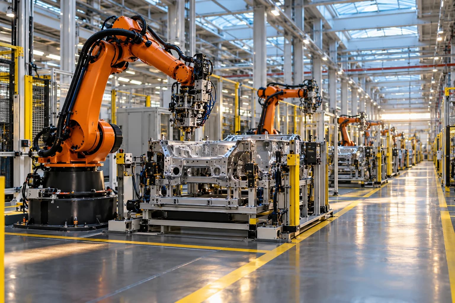 Orange industrial robots and precision production machinery in a sunlit factory