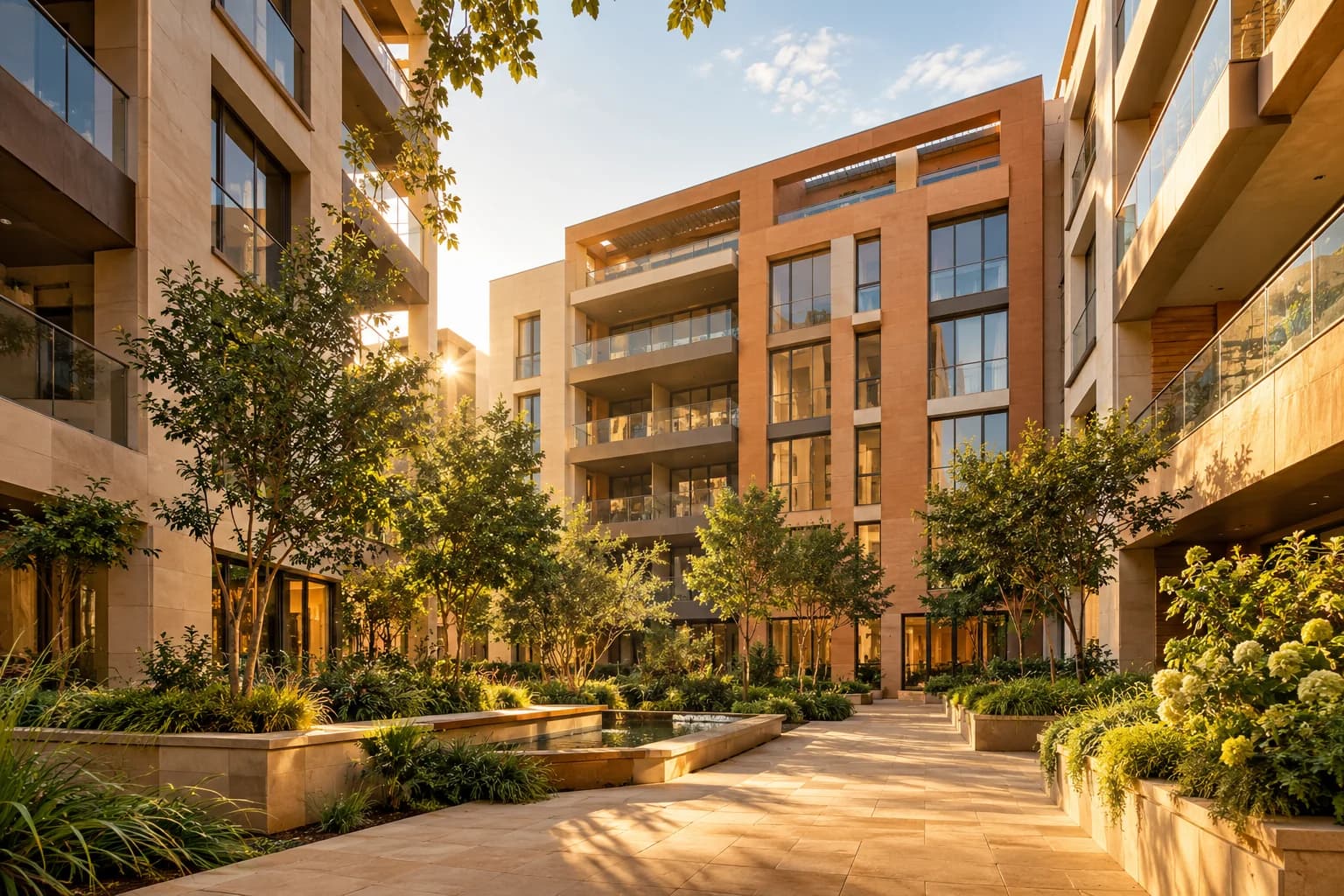 Sunlit contemporary buildings around a landscaped courtyard