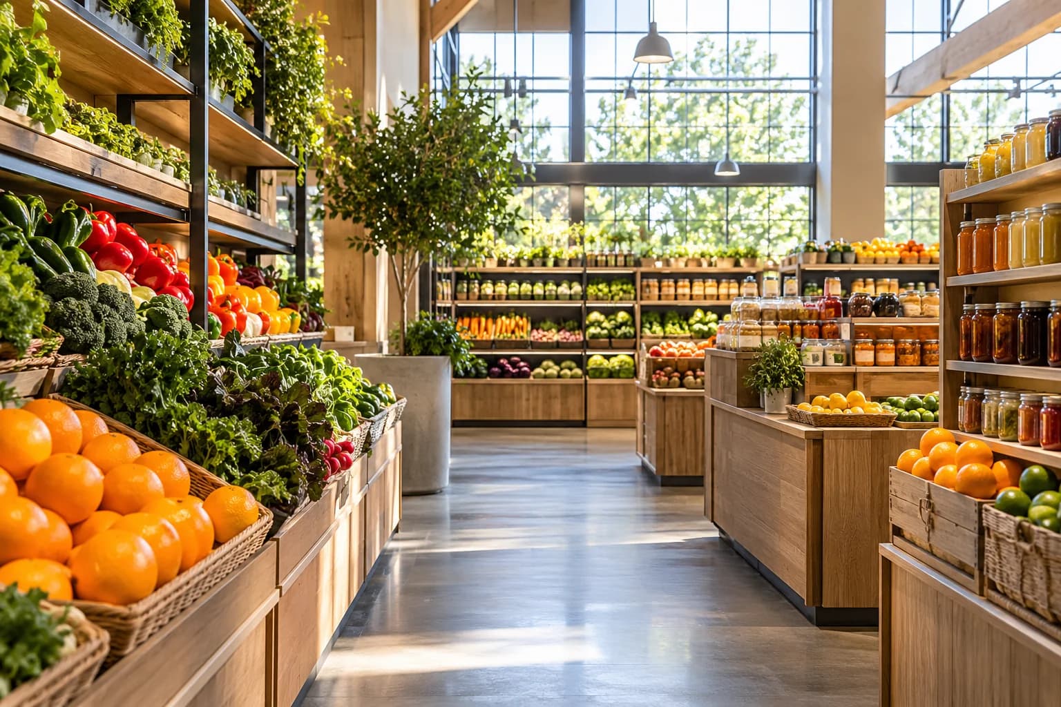 Colorful produce and merchandise in a sunlit retail market