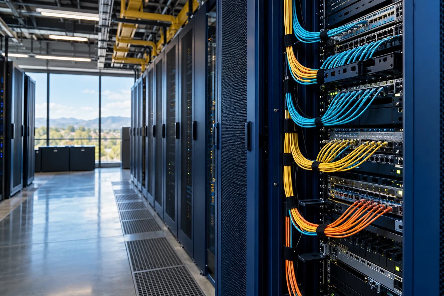 Server racks and neatly routed blue, yellow and orange network cables
