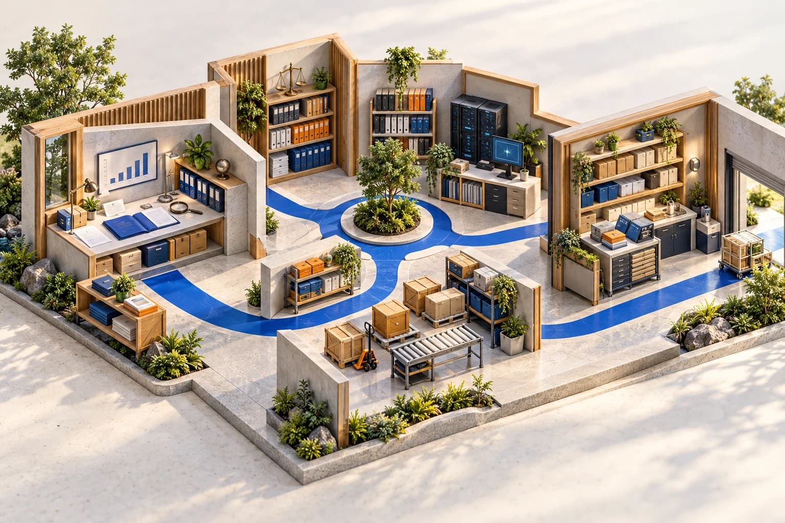 Illustrative cutaway atlas connecting business evidence, finance, technology, learning and practical operations