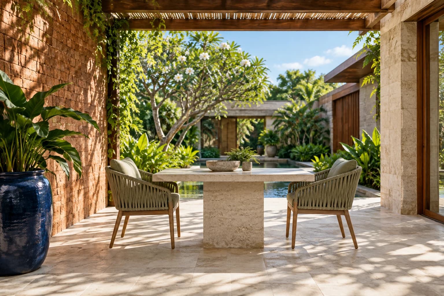 Illustrative sunlit courtyard meeting space with terracotta, greenery and an empty conversation table