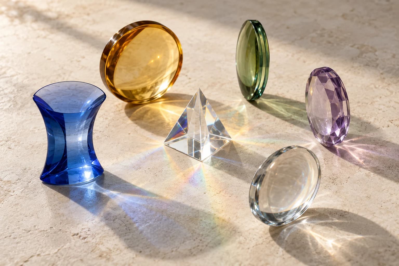 Illustrative optical study: differently shaped lenses share one prism, representing distinct perspectives on a shared question