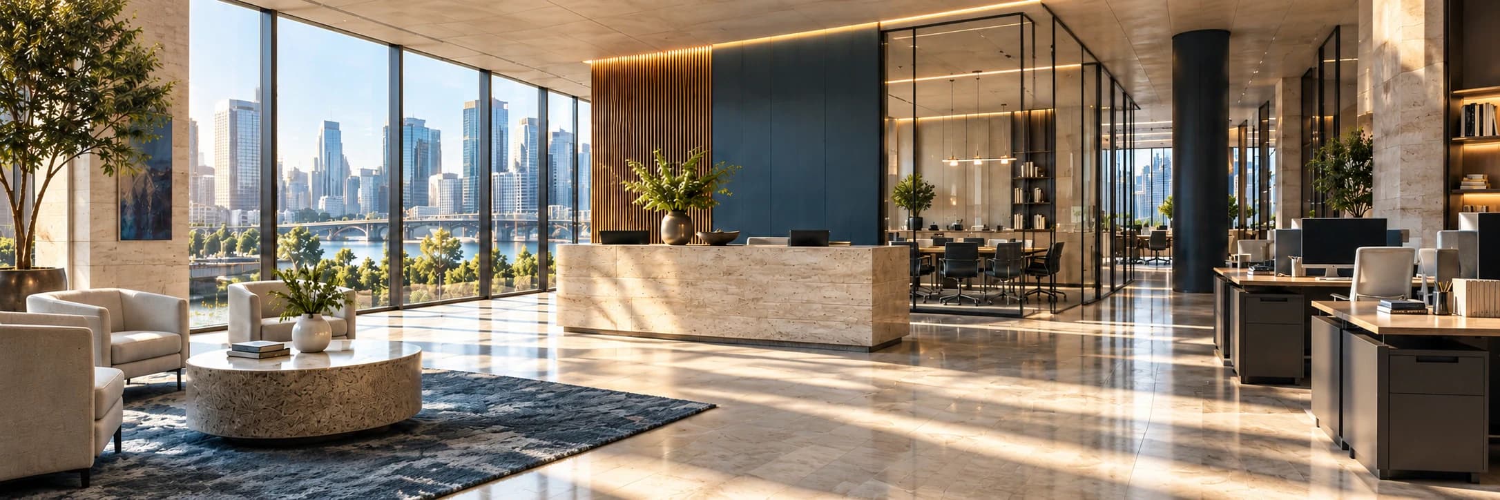 Empty banking and insurance administration environment with travertine reception, lounge and glass meeting rooms.