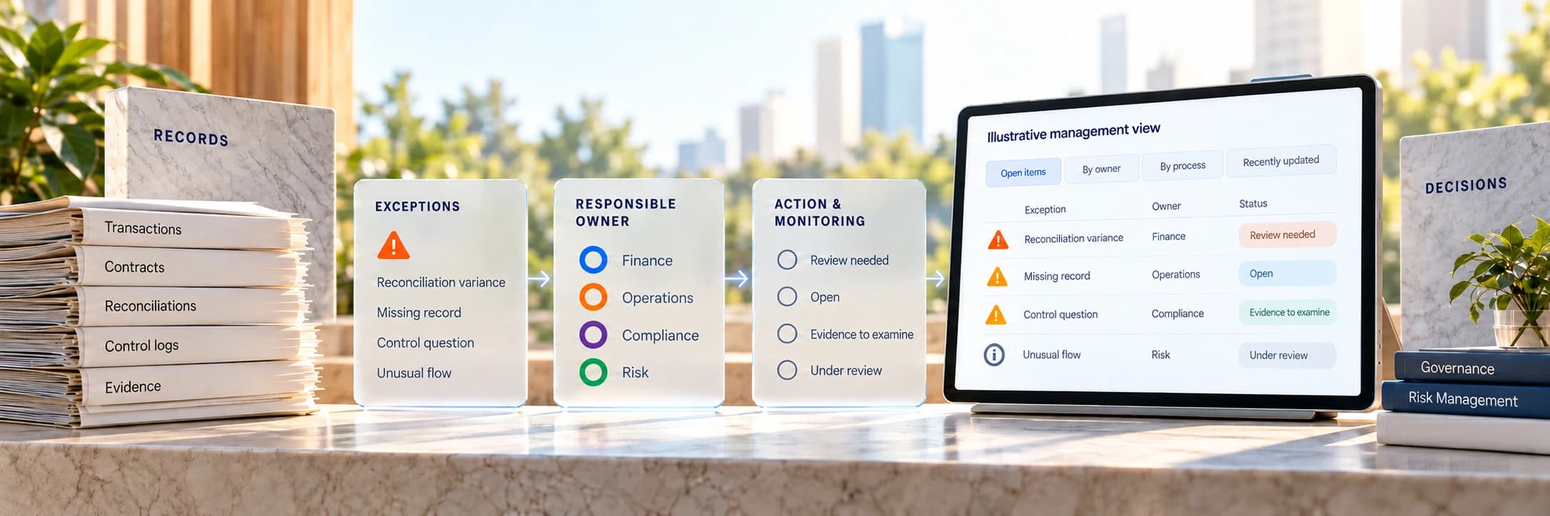 Illustrative records connect exceptions, responsible owners and open review actions with a management view.