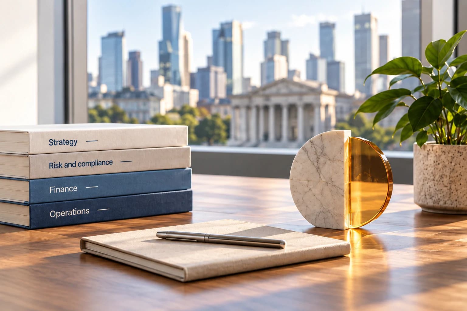 Generic business binders, notebook, pen and stone and amber glass sculpture on a desk overlooking a skyline.
