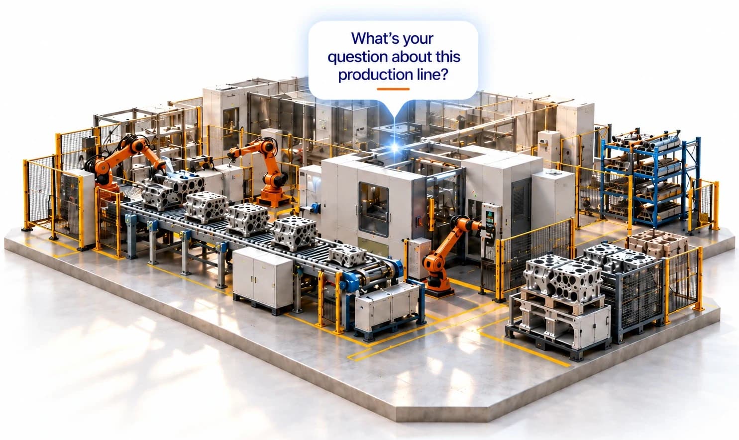 Miniature production line asking: What’s your question about this production line?