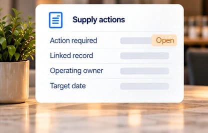 Supply actions remain Open; linked record, operating owner and target date.