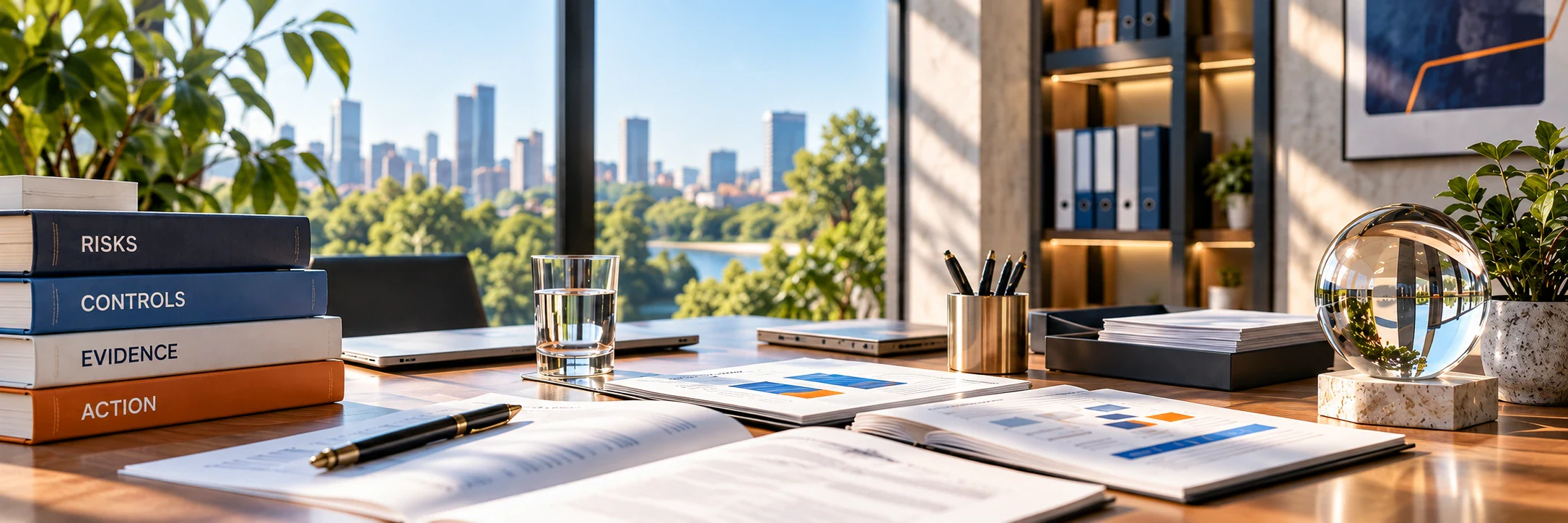 Sunlit office desk with books for risks, controls, evidence and action, anonymous records and a clear glass sphere.