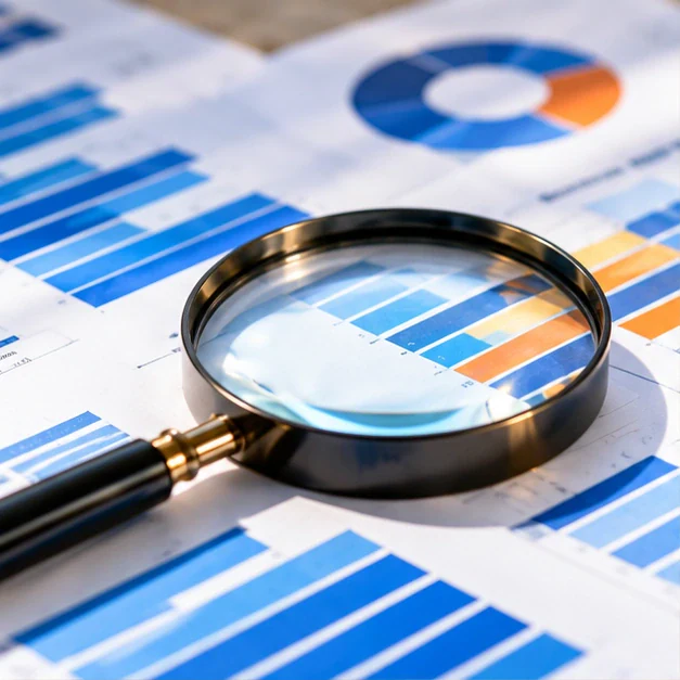 Magnifier over anonymous blue and orange records.