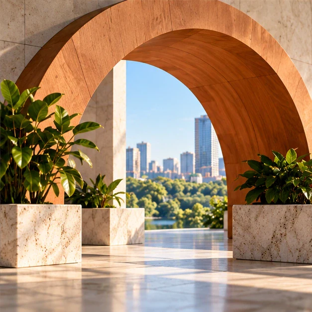 Warm wooden arch with plants and skyline.