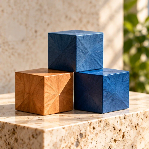 Faceted navy and orange cubes on stone.