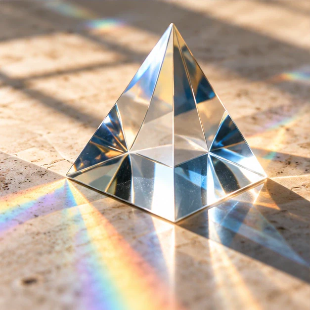Clear glass pyramid prism on stone.