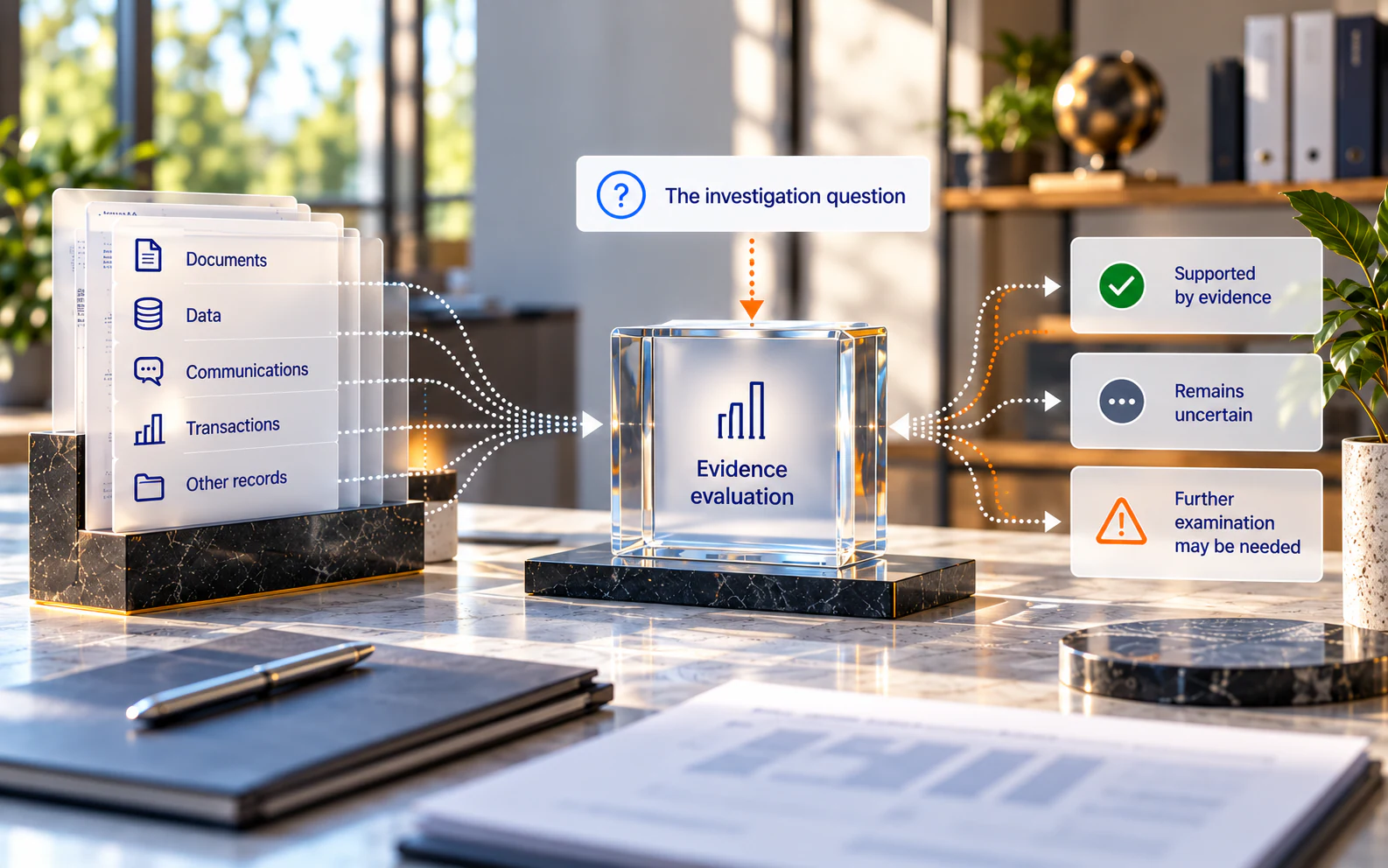Records and the investigation question feed evidence evaluation, connected to supported evidence, uncertainty and possible further examination.