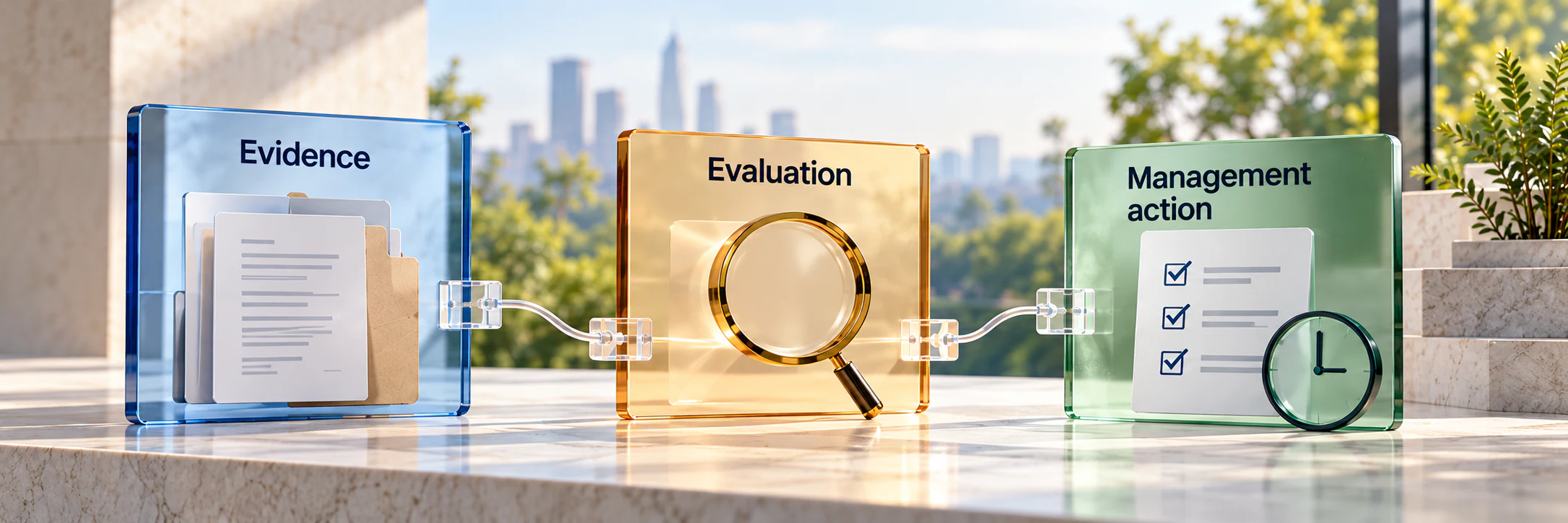 Blue evidence records, amber evaluation magnifier and green management-action checklist and clock in distinct connected glass panels.