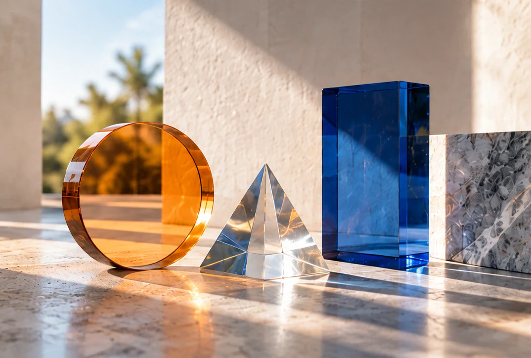 Amber glass disc, clear prism, navy glass and veined stone.