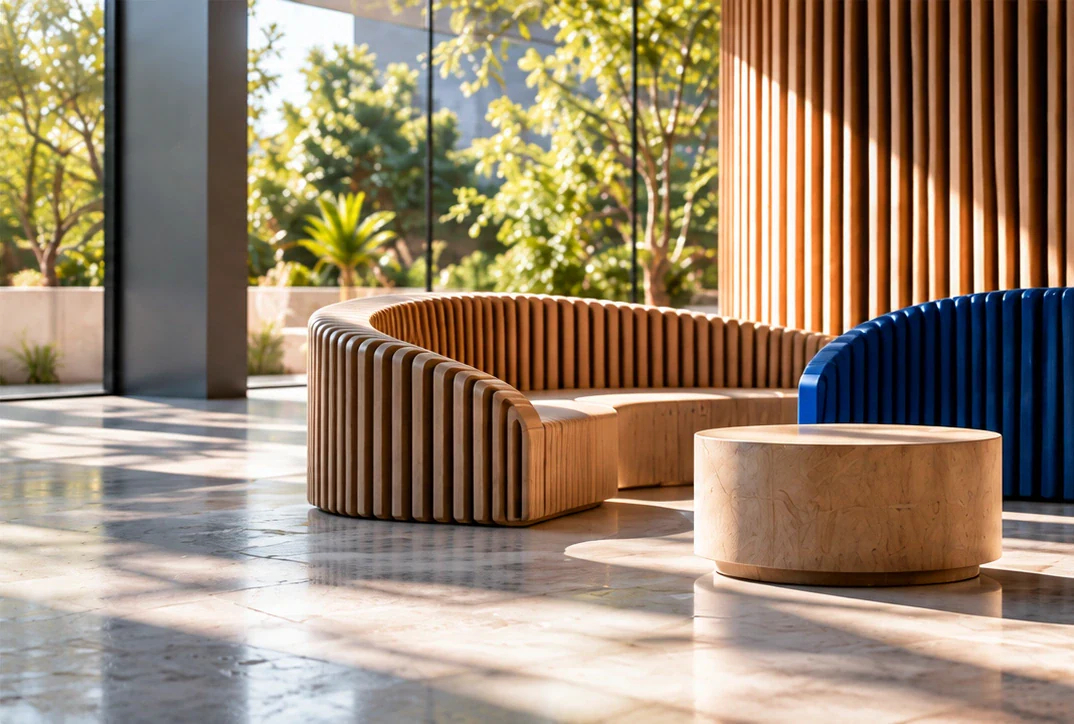Empty curved wood and blue office lounge by sunlit windows.