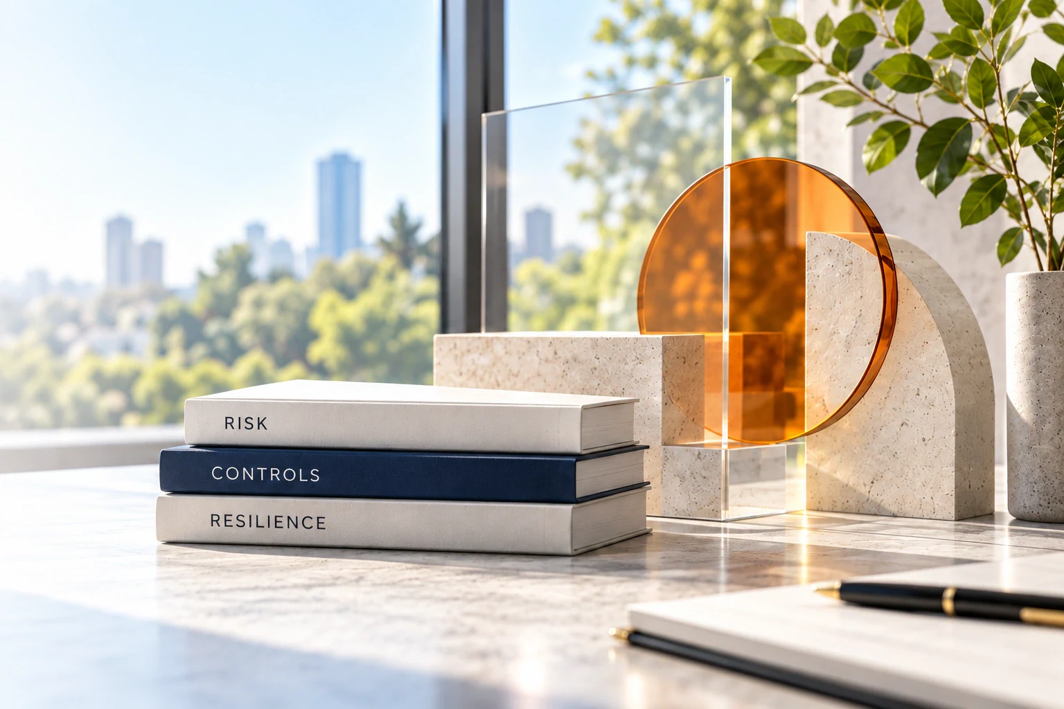 Risk, controls and resilience books beside an amber glass disc, clear pane and pale stone forms in a sunlit office.