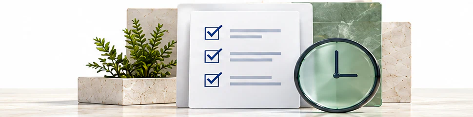 Abstract checklist, green clock and plant.