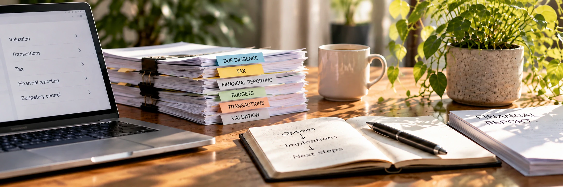 Sunlit financial desk with labelled service papers, laptop, report and a notebook connecting options, implications and next steps.