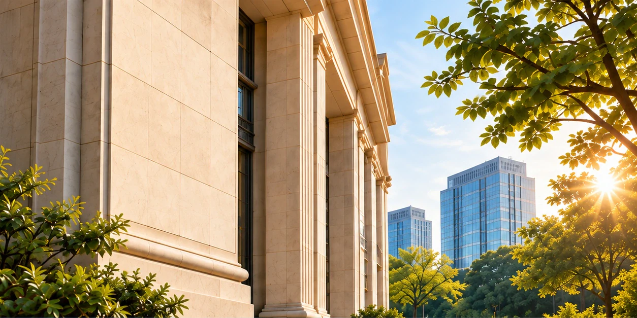 Stone colonnade with greenery and blue city buildings in warm sunlight.
