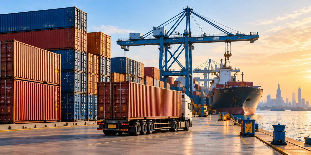 Container port with gantry crane, parked container truck, cargo ship and skyline.