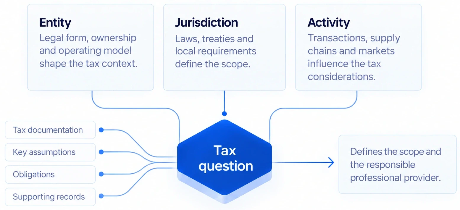 Entity, jurisdiction, activity and supporting tax evidence inform a tax question and its professional scope and responsibility.