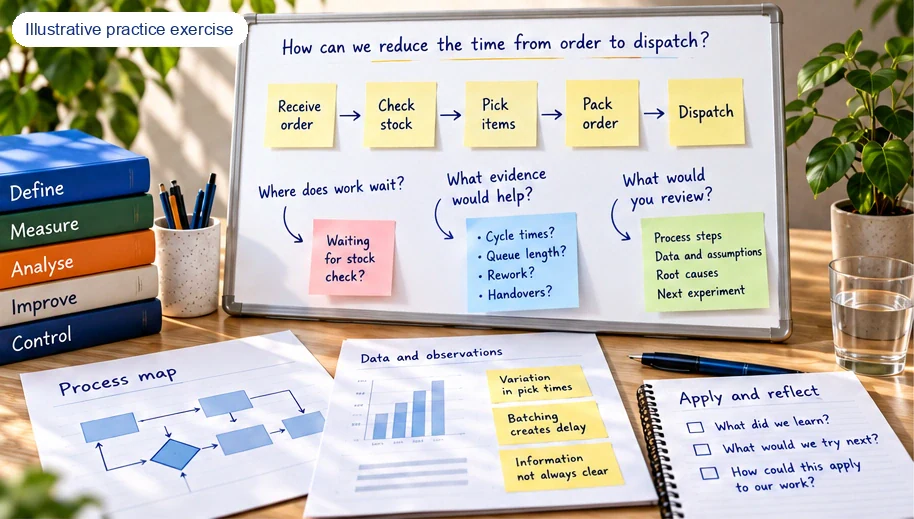Illustrative order-to-dispatch practice exercise with process steps, evidence questions and reflection notebook.