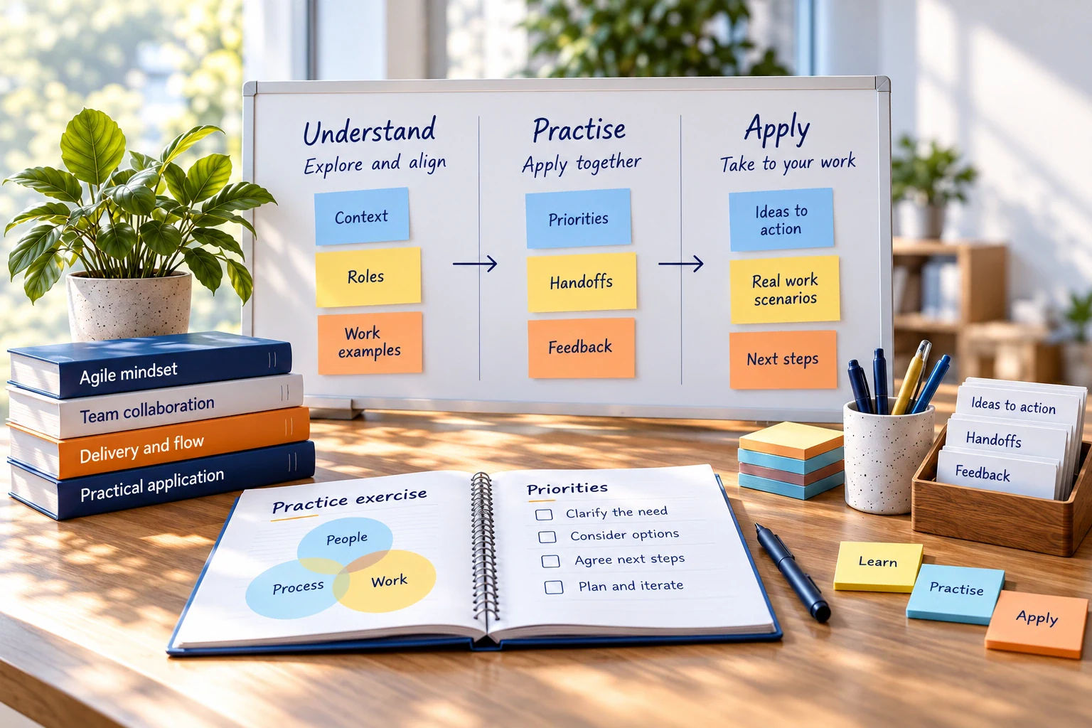 Illustrative Agile learning board connects context, priorities, handoffs, feedback and workplace application.