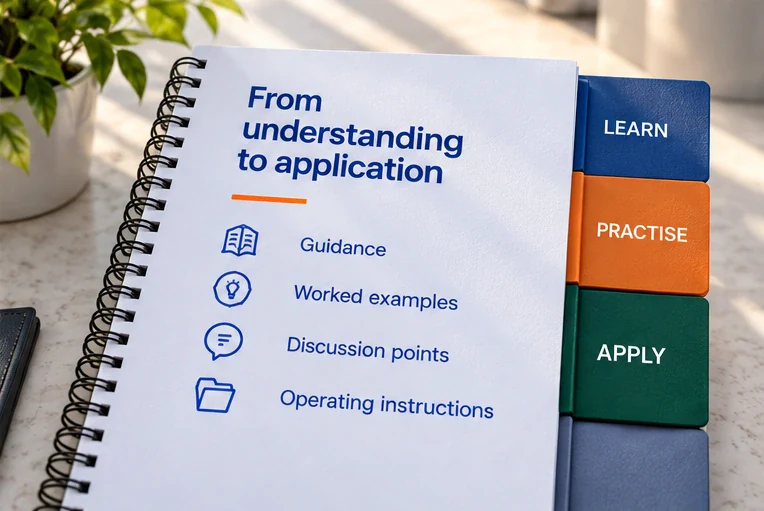 Notebook connects guidance, worked examples, discussion points and operating instructions to practical learning.
