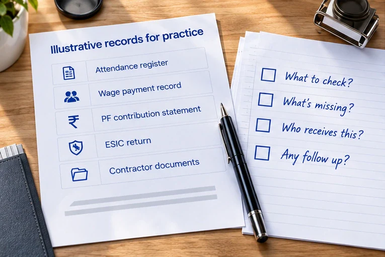 Illustrative workforce records and unchecked review questions; no real participant or client records.