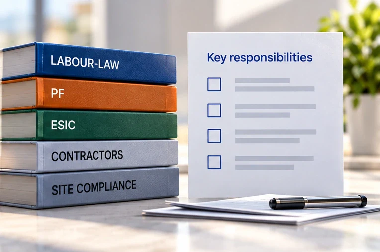 Labour-law, PF, ESIC, contractor and site-compliance learning books beside a neutral responsibility checklist.